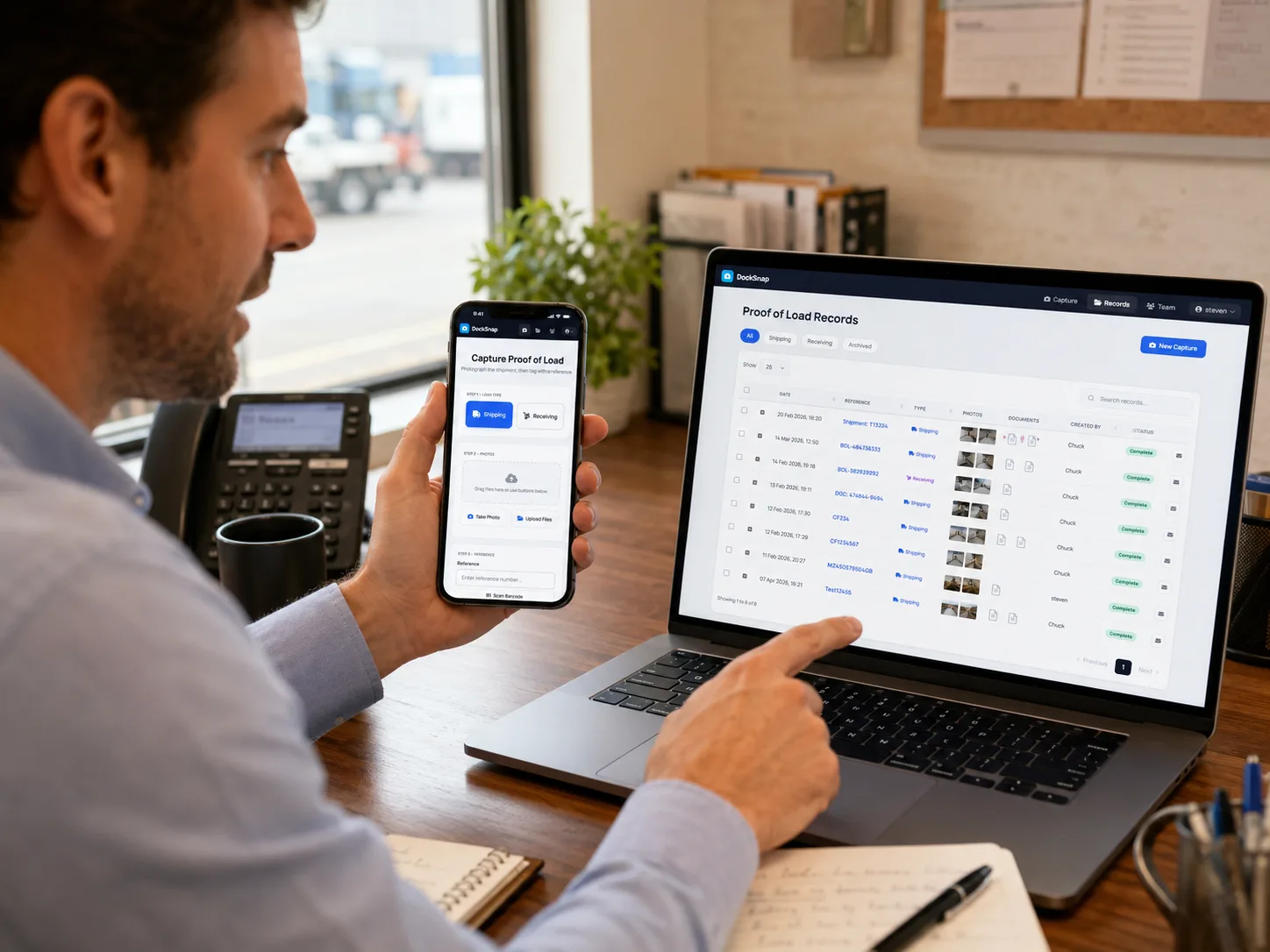 A DockSnap user reviews shipment records side-by-side on a laptop and iPhone — the organized, searchable proof-of-load library that turns a warehouse from cost center into a competitive advantage.