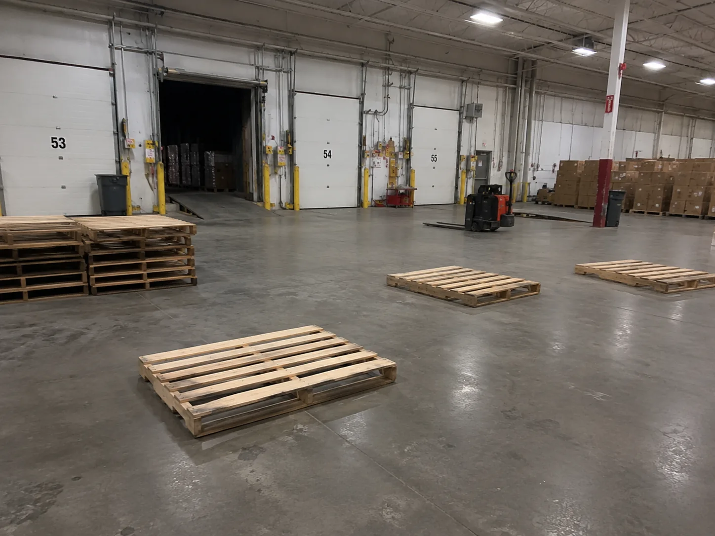 Empty wooden pallets staged at a warehouse loading dock — the visual stand-in for the costs that pile up when proof of load goes undocumented.