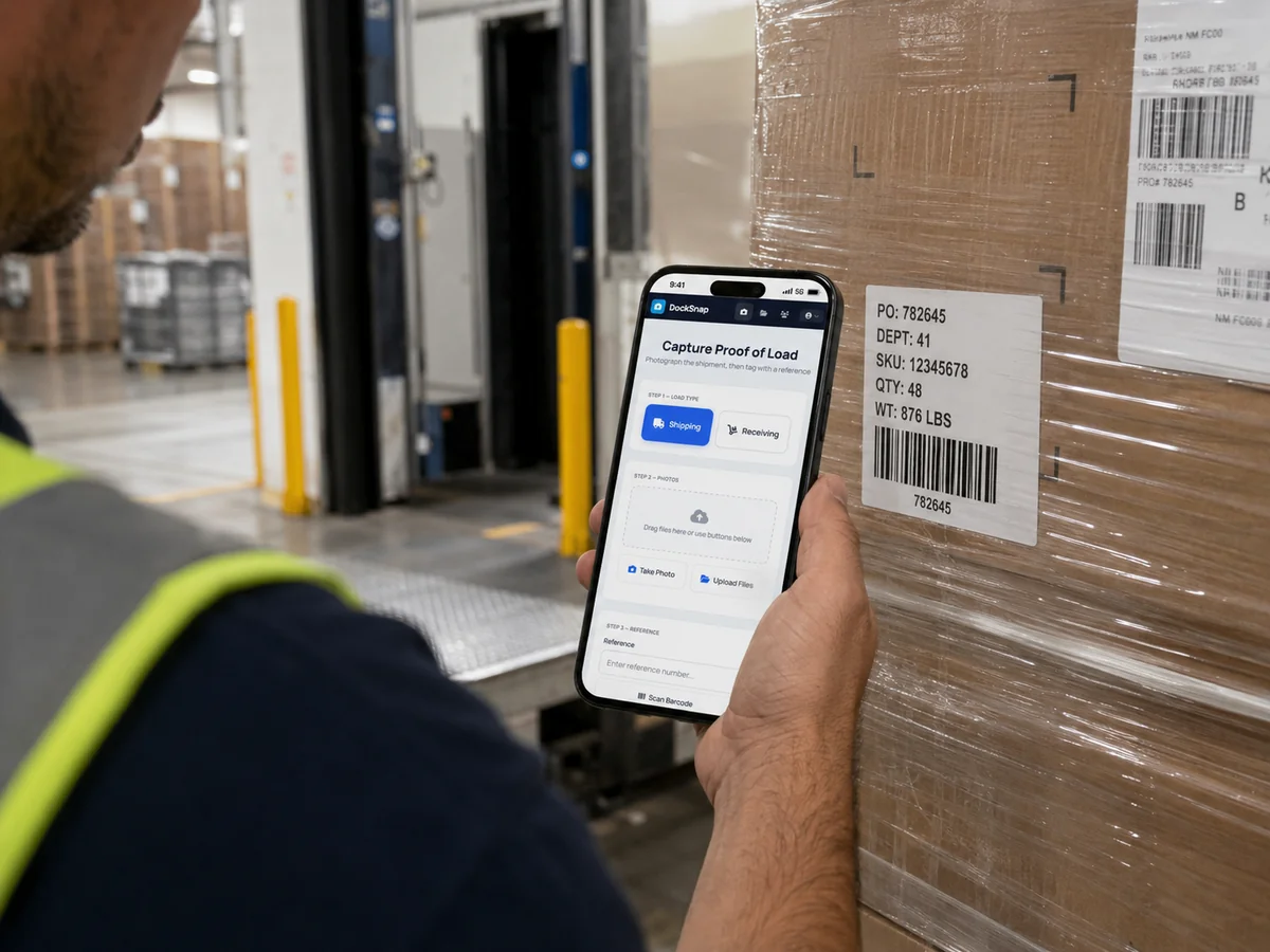 Warehouse worker scanning a pallet with a rugged scanner running DockSnap, ready for WMS integration.