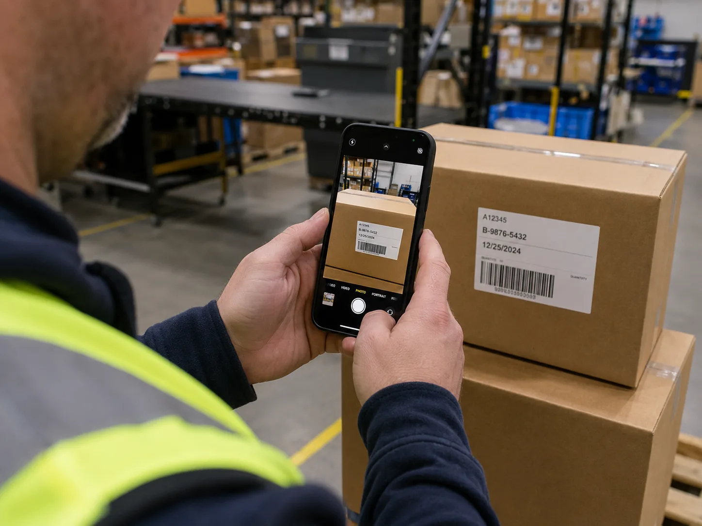 Warehouse worker in a hi-vis vest using DockSnap on an iPhone to scan a shipment label barcode on a cardboard carton — barcode capture viewfinder visible on the phone screen.