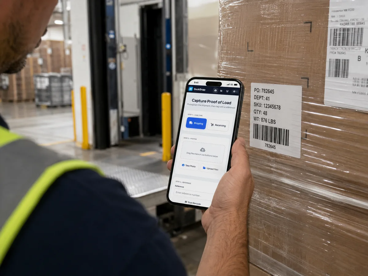 A warehouse worker in a high-vis vest holding an iPhone running DockSnap up to a wrapped, labeled pallet — the Capture Proof of Load screen visible on the phone.