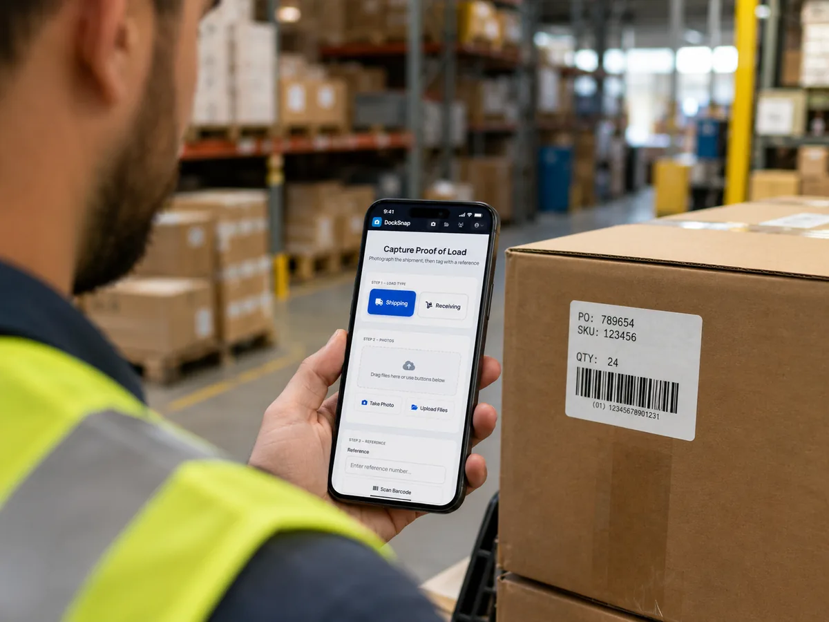 A warehouse worker holding a rugged Android scanner running DockSnap, scanning a pallet barcode at the dock.