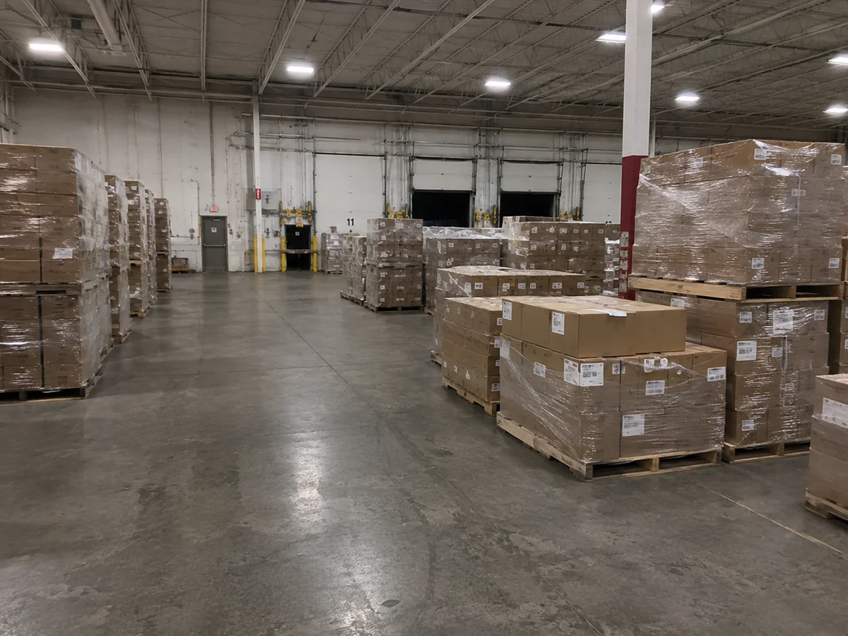 Wrapped pallets staged in a warehouse next to dock doors, ready to load — the kind of moment Proof of Load documents.